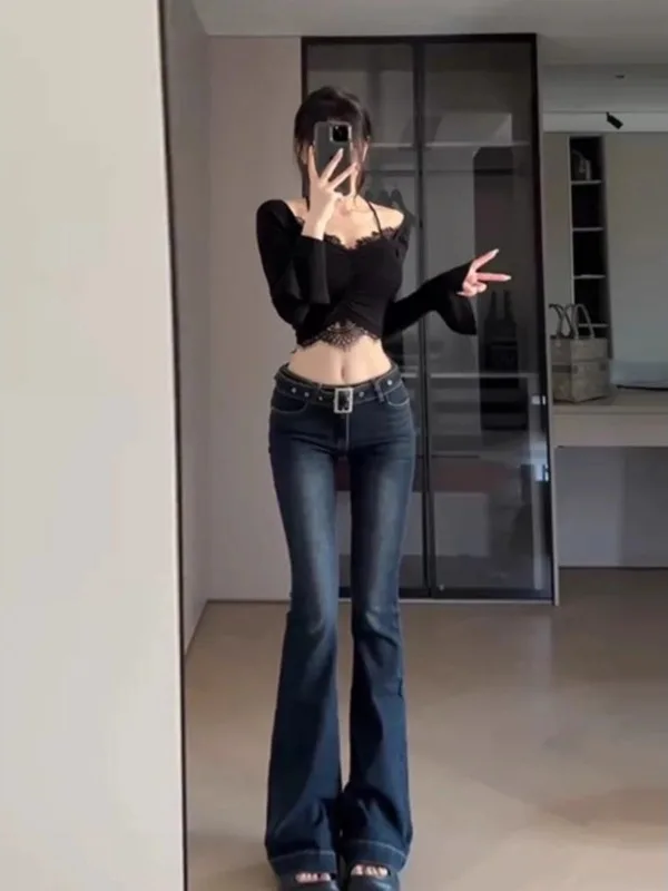 甘辛韓国風スレフレアジーンズレディースティーネッドフェイスレトロローウエストスリムアンクル丈パンツ