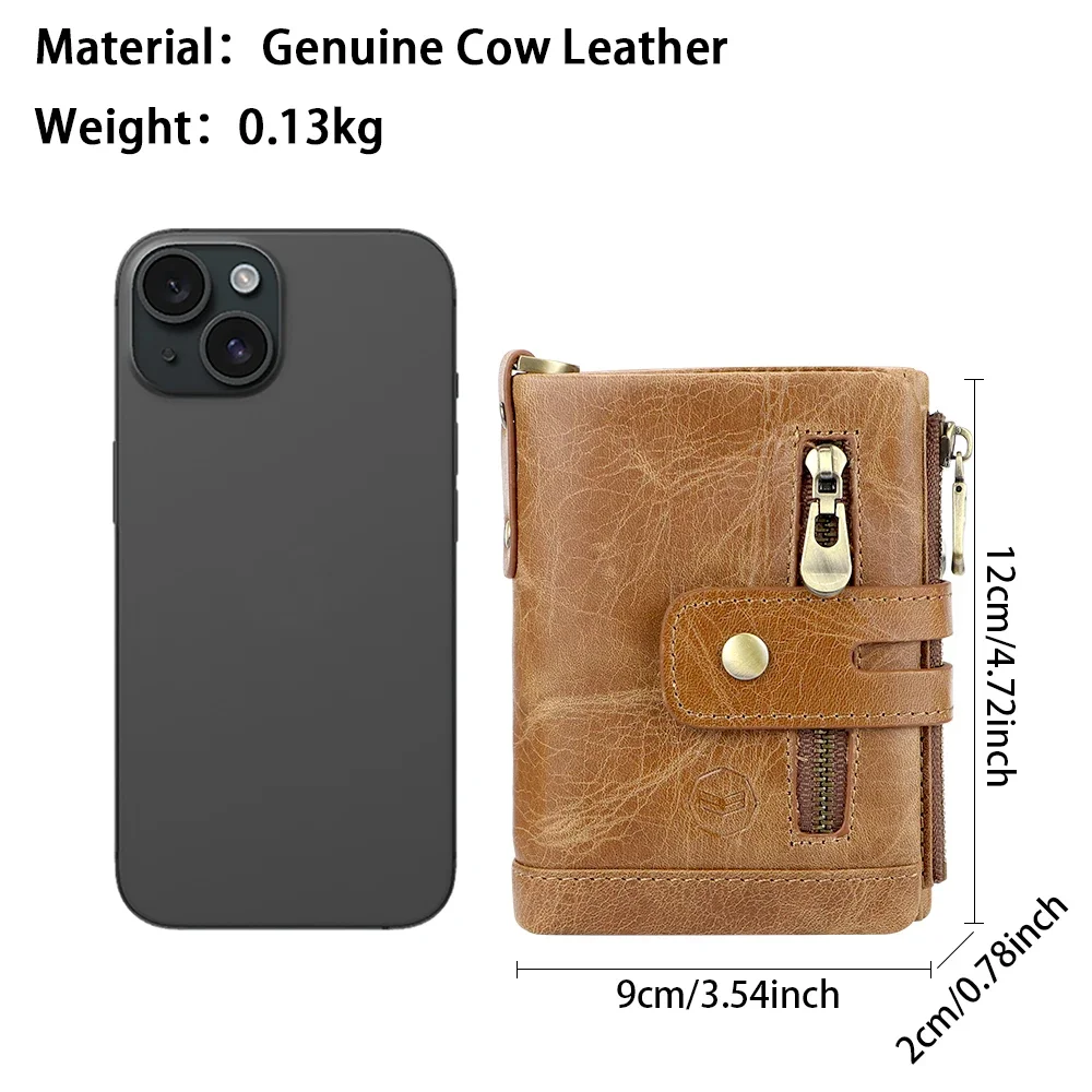 URBAN MASTER RFID Short Wallet Purse for Men, Genuine Leather Business Clutch Bag Card Holder Coin Purses, with Chain Strap 1704
