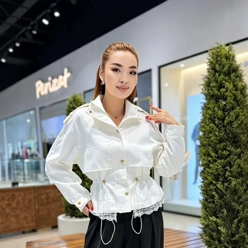 Women Khaki Stand Collar Cropped Trench Coat Spring Autumn Drawstring Waist Epaulet Design Casual Cargo Short Jacket