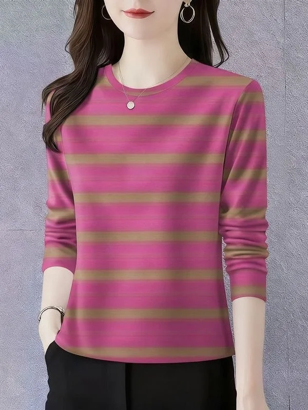 

New 2026 Women's round Neck Striped Long Sleeve T-Shirt Slimming Belly Cover Versatile Base Shirt Casual Loose Fit Polyester ...