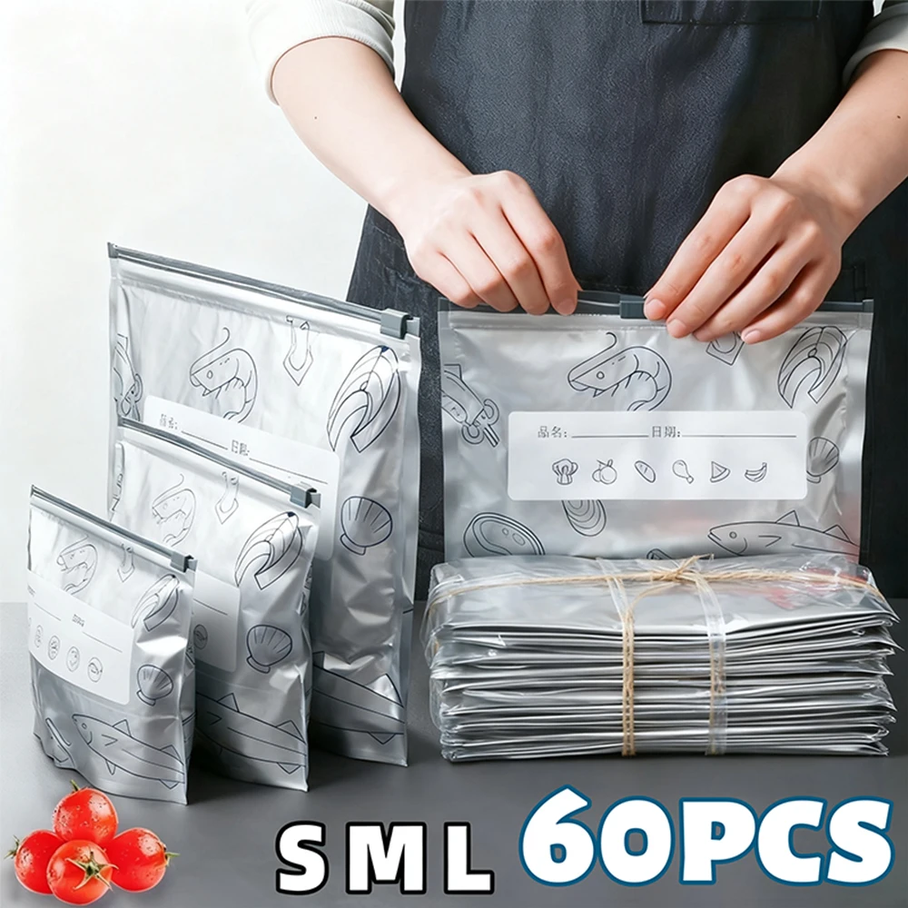 Bolsas de Almacenamiento de Papel de Aluminio (60/10 Piezas), Accesorios de Cocina, Organizadores Sellados para Congelador, Bolsas Reutilizables para Empacar Alimentos, a Prueba de Olores
