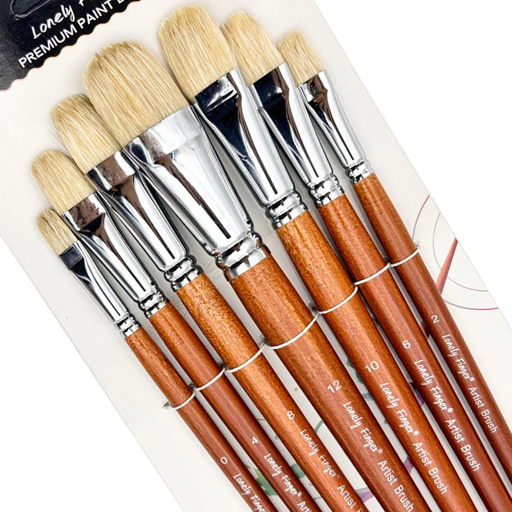 7pcs Premium Hog Bristle Filbert Paint Brushes Set, 100% Natural Chungking Hog Bristle, Professional Long Handled Artist Brushes