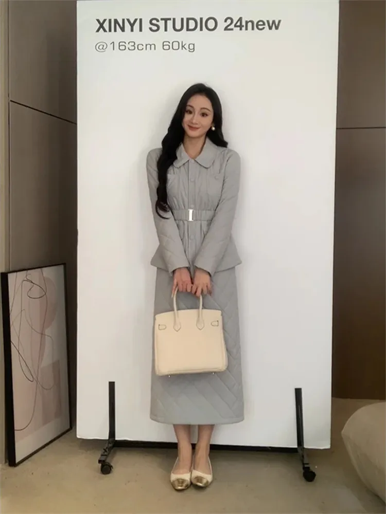 

Korean Sle Women's Quilted Cotton Jaet And Skirt Set Midi id Patterned Outfit Blue f-length Skirt Faionable Spring...