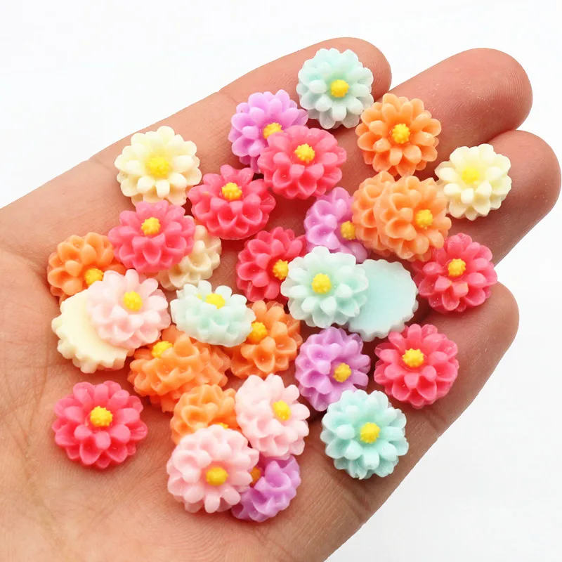 New Fashion 40pcs 10mm 12mm Mix Colors Flat back Resin Flower Cabochons Cameo Dome DIY Jewelry Making Accessories Findings