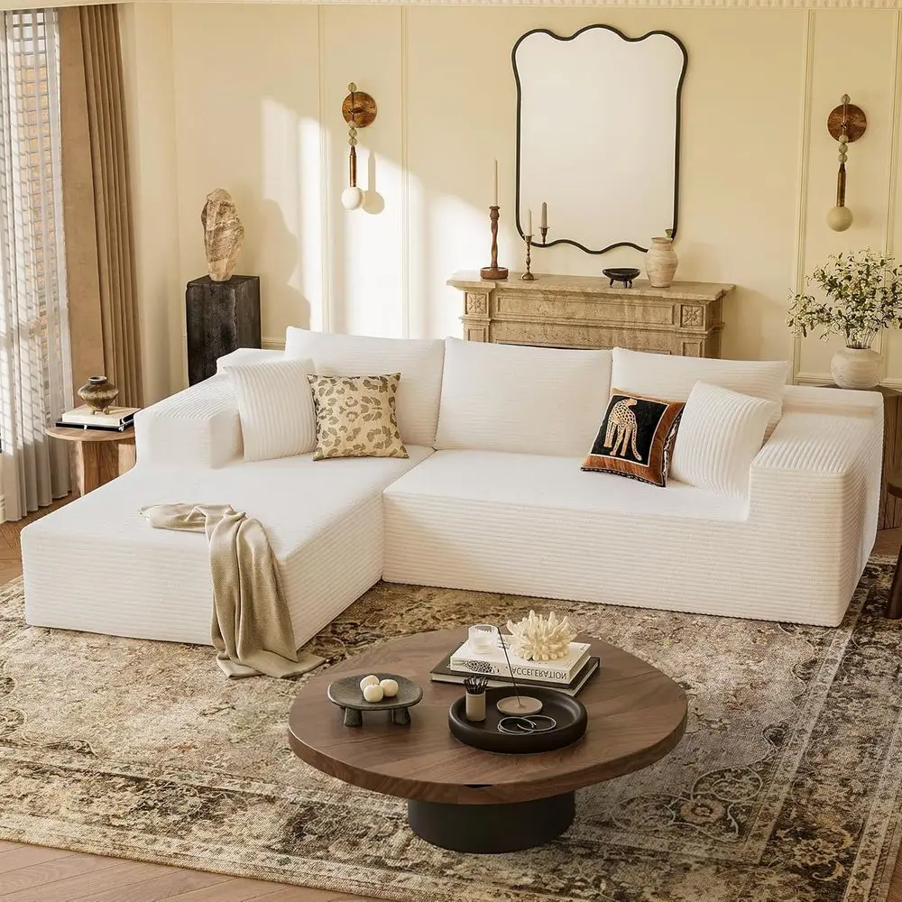 

Comfy 108 L-Shaped Sectional Sofa with Deep Seating and Chaise, Easy Assembly, Corduroy Cream