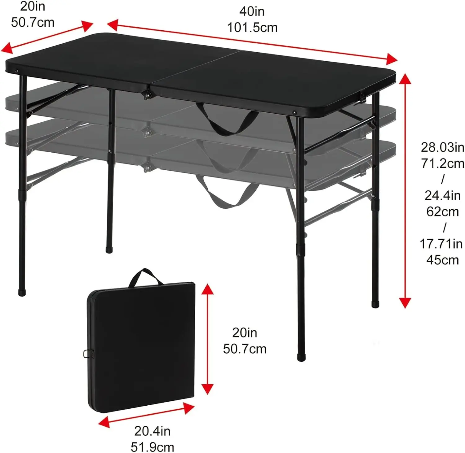 40L  20W Plastic Adjustable Height Fold in Half Folding Table  Rich Black