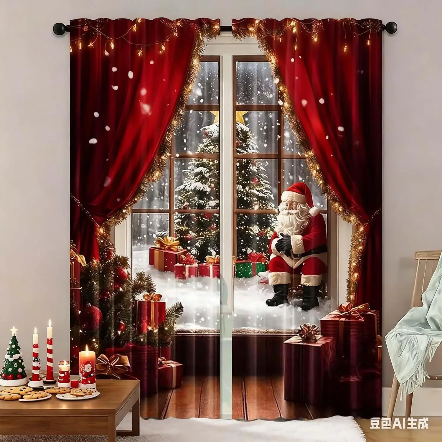 Santa Claus Window View Curtains Christmas Tree Snow Print for Living Room Holiday Decor