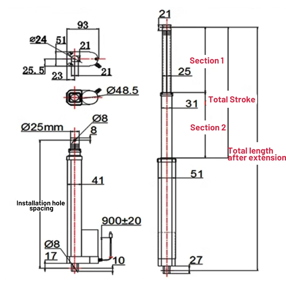 دفع قضيب رفع عالية التوجه 3-قسم المحرك الخطي 24 فولت تيار مستمر تلسكوبي دفع قضيب للحركة الترددية الصناعية الدقة