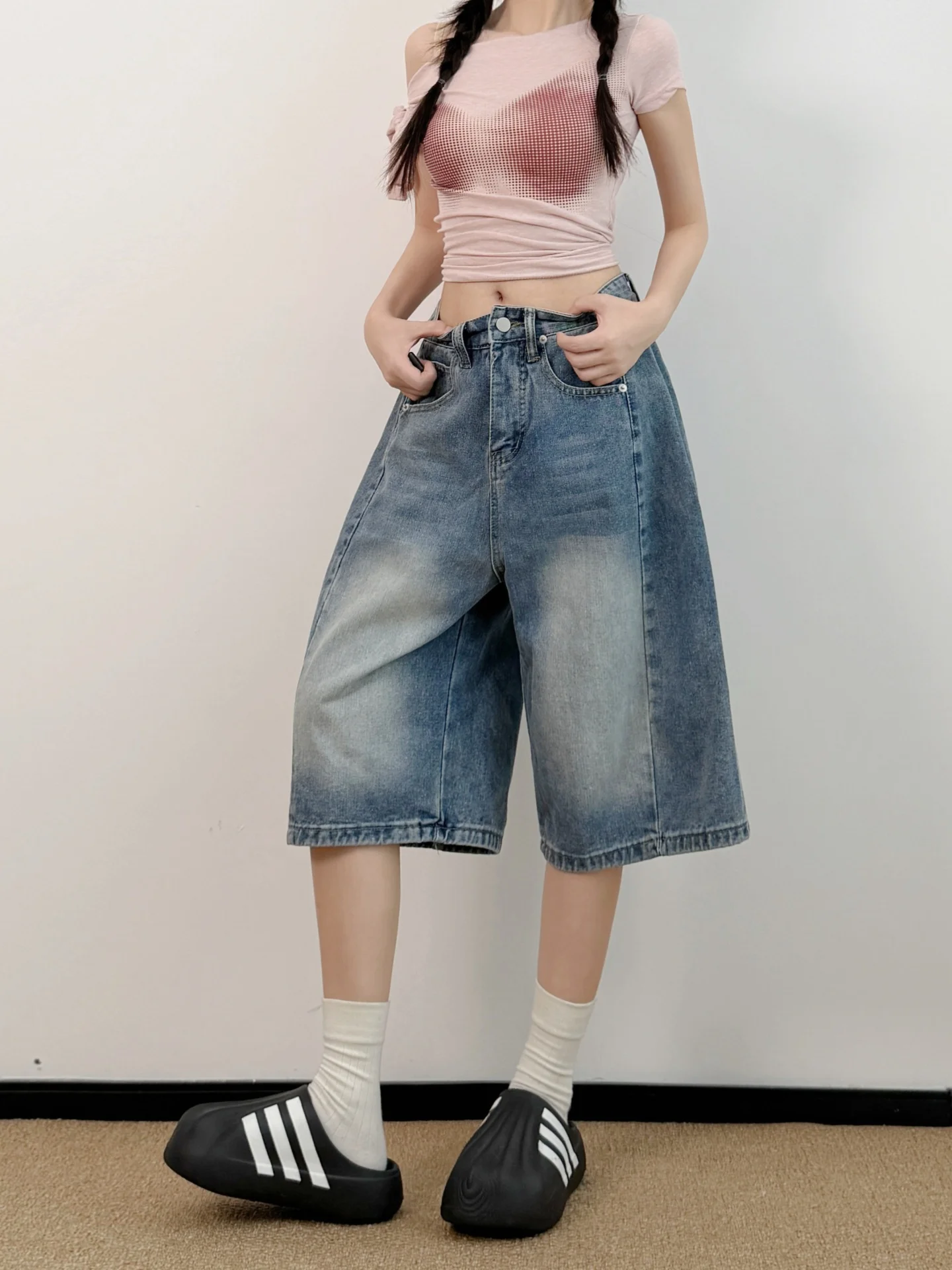 High Waist Wide Leg American Retro Denim Shorts Women Summer New Style Worn Straight Cut Five-Point Jeans Cotton Casual Shorts
