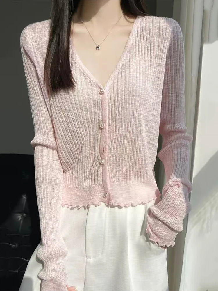 

Summer Ice Silk Sun Protection Cardigan Women Korean Solid Simple Basic Long Sleeve Tops Female V Neck All Match Crop Blouse