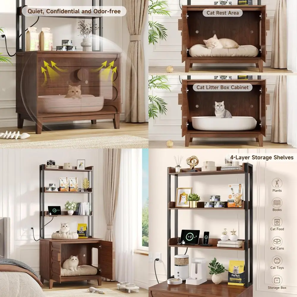 

68 Hidden Litter Box Cabinet with 4-Tier Storage, Pet Washroom Furniture, Suitable for Most Litter Boxes, Walnut