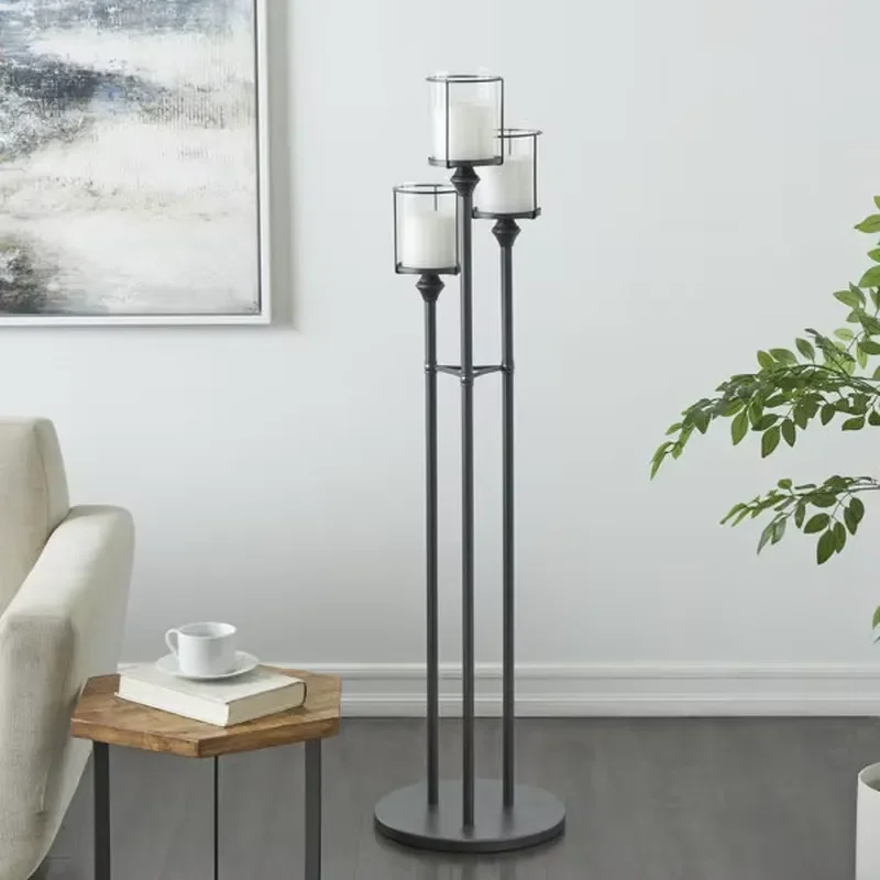 Tall Floor Candle Holder Interior Design Black Coated Premium Look Metal Candle Stick for Home Living Room or Offices Decor