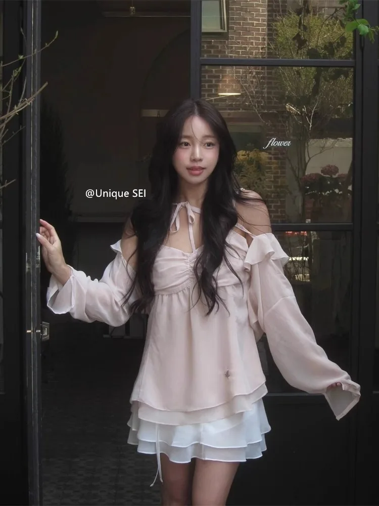 

Корейский комплект для похудения Sle Pure Desire для девочек, универсальный топ с кружевной отделкой, открытый кардиган с овальными плечами, комплект для поездок на работу и ветер