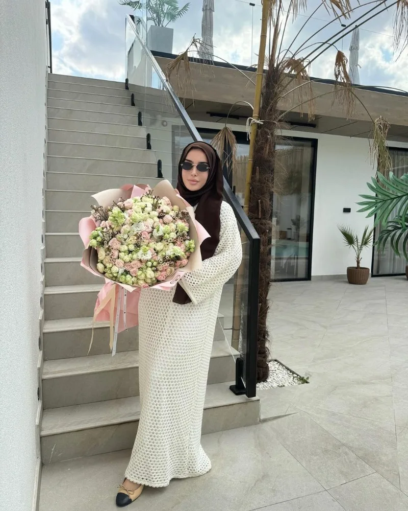 Novo vestido feminino vazado kaftan oriente médio abaya robe manga comprida solto maxi vestido flowy chiffon para outono praia