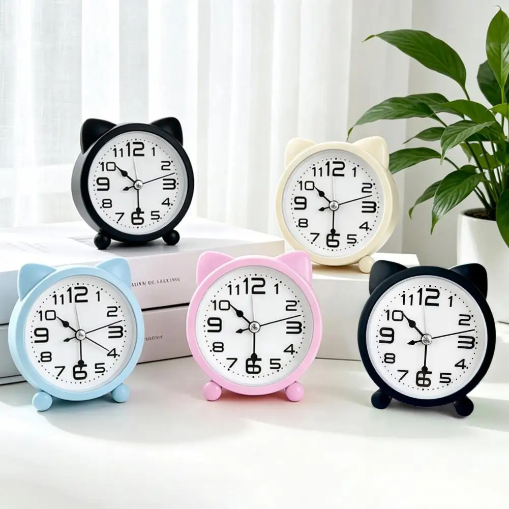 Cat Ear Alarm Clock for Kids Silent Non-Ticking Metal Analog Clock Battery Powered Clock for Home Office Desk Decor