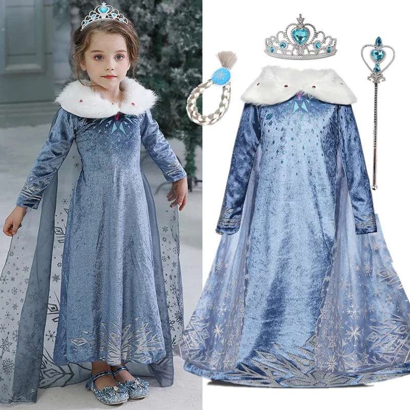 Princess Frozen Elsa Dress for Girls Velvet Winter Long Sleeve Dress Halloween Cosplay Carnival Party Costume with Long Cloak