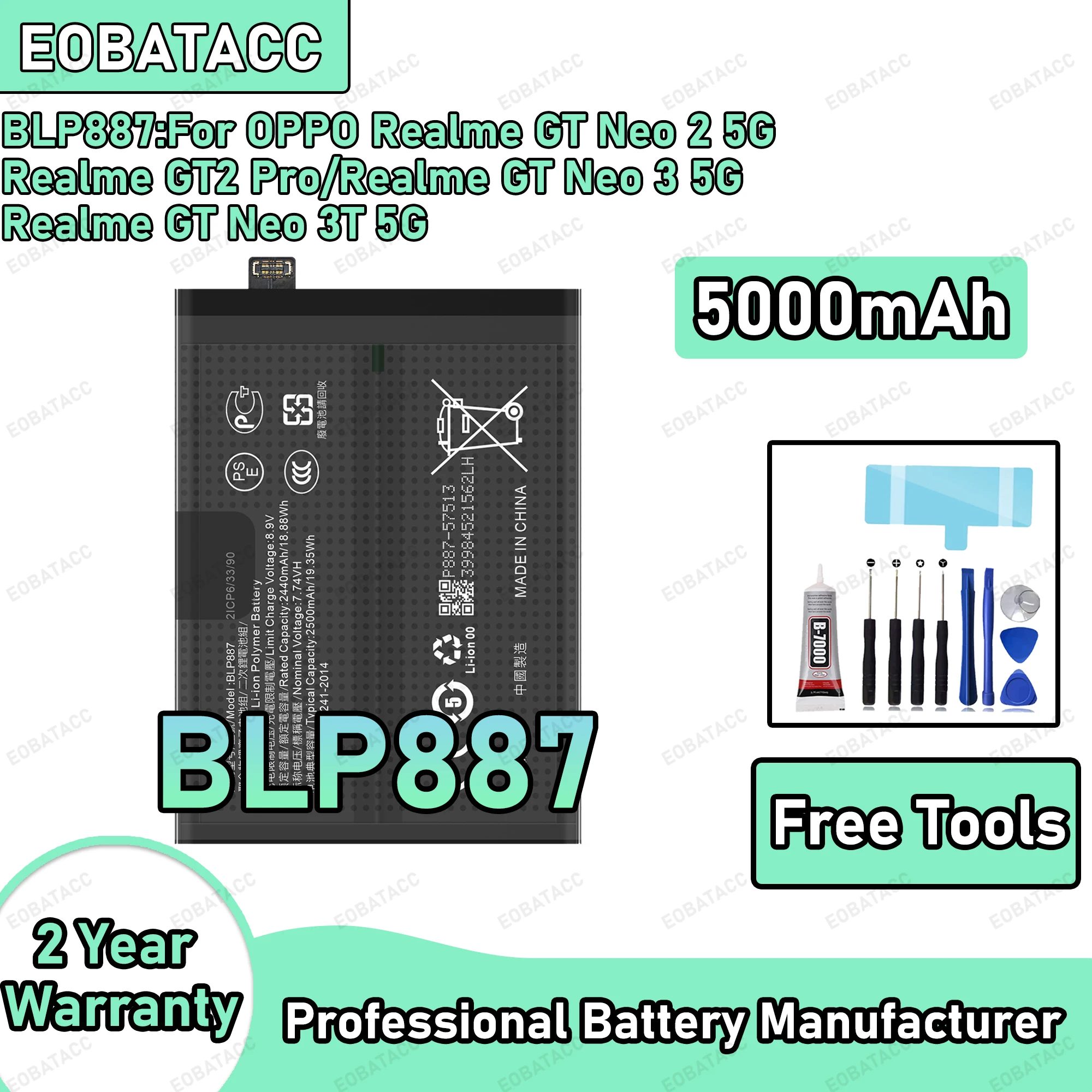 

5000mAh 100% New BLP887 Battery For OPPO Realme GT Neo 2 5G/Realme GT2 Pro Replacement Bateria+Free Tools
