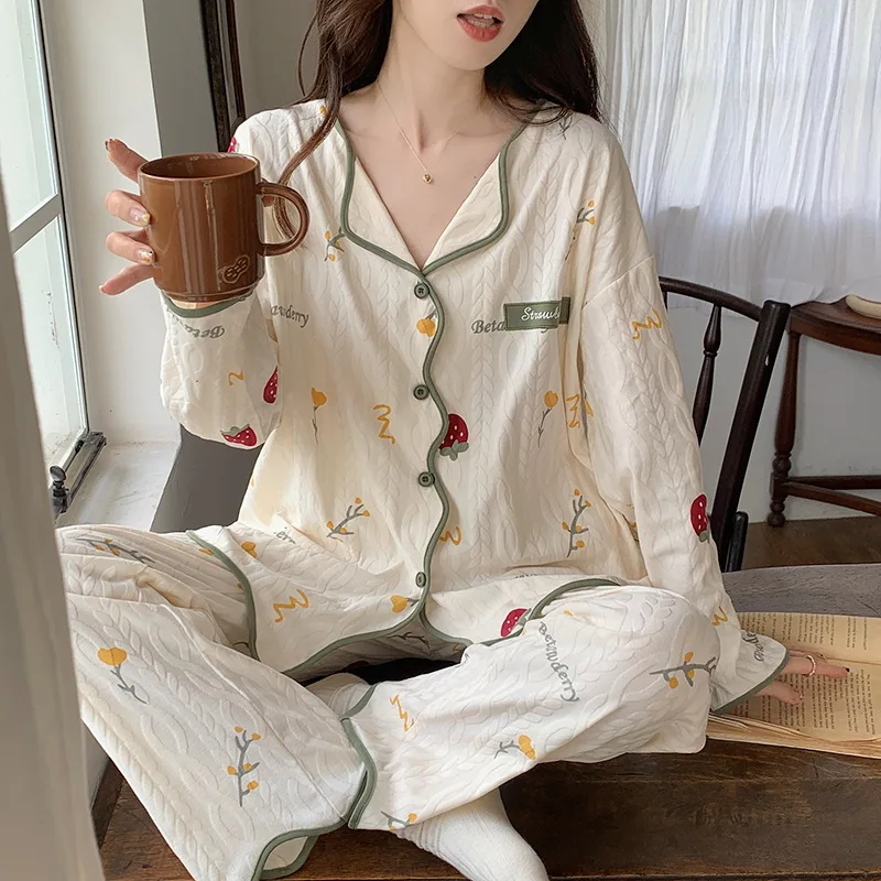 New Women\'s Cotton Pajamas Homewear Ms. Korean Version of The Long-sleeved Cardigan Court Cute Sweet Can Be Worn Outside Pajamas