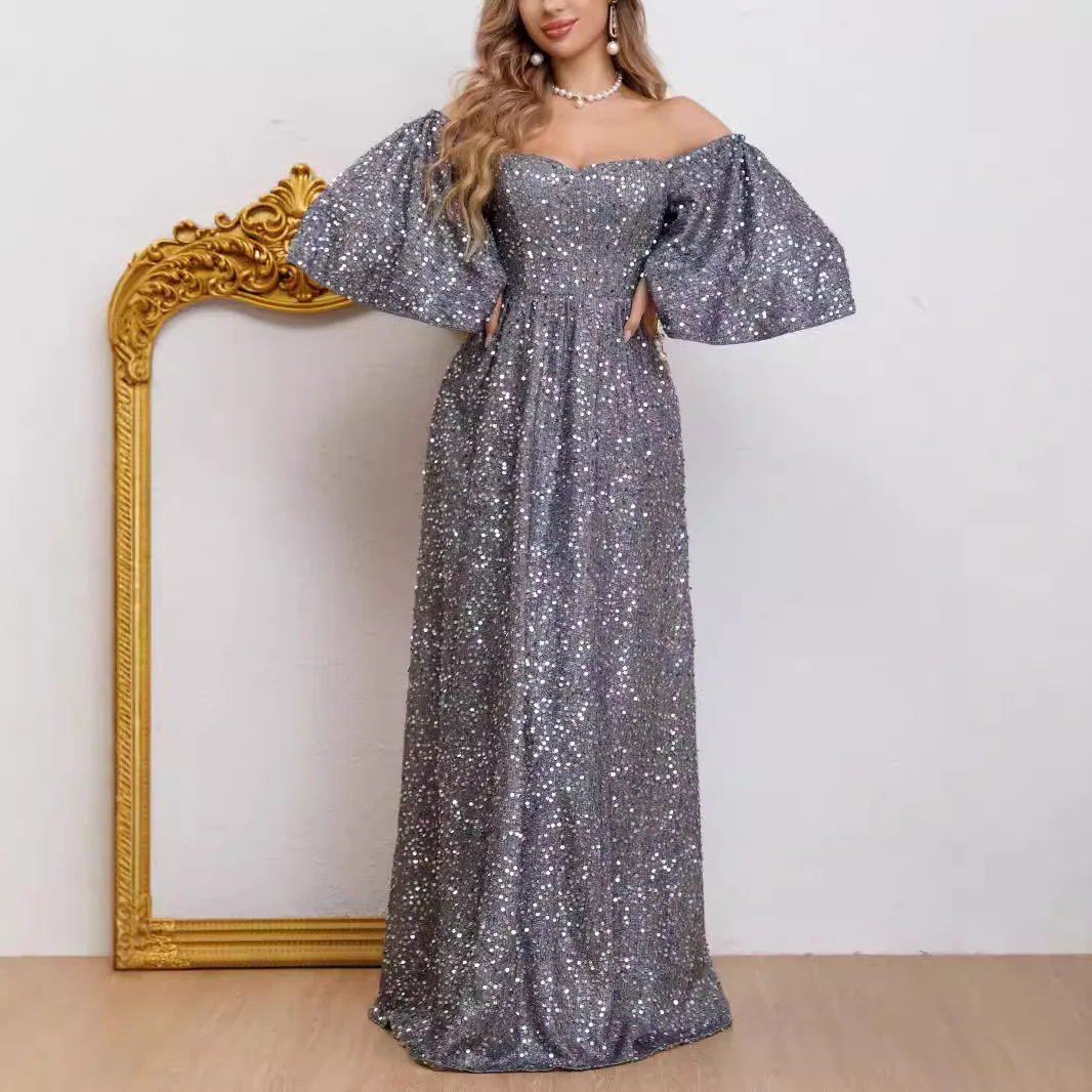 New Sequined Temperament Commute Solid Color High Waist Host Banquet Long Evening Dress