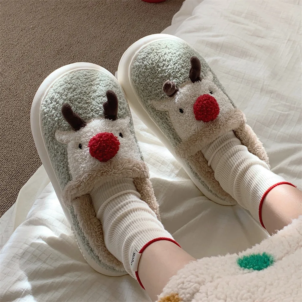 Christmas new cute elk fleece warm and comfortable cotton slippers women's autumn and winter indoor atmosphere plush shoes