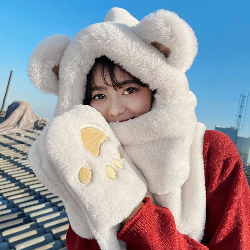 Fashionable Cute Little Bear  Three in One Soft Hat Scarf Gloves Warm Windproof Hooded Scarf Winter Ear Protection Hat