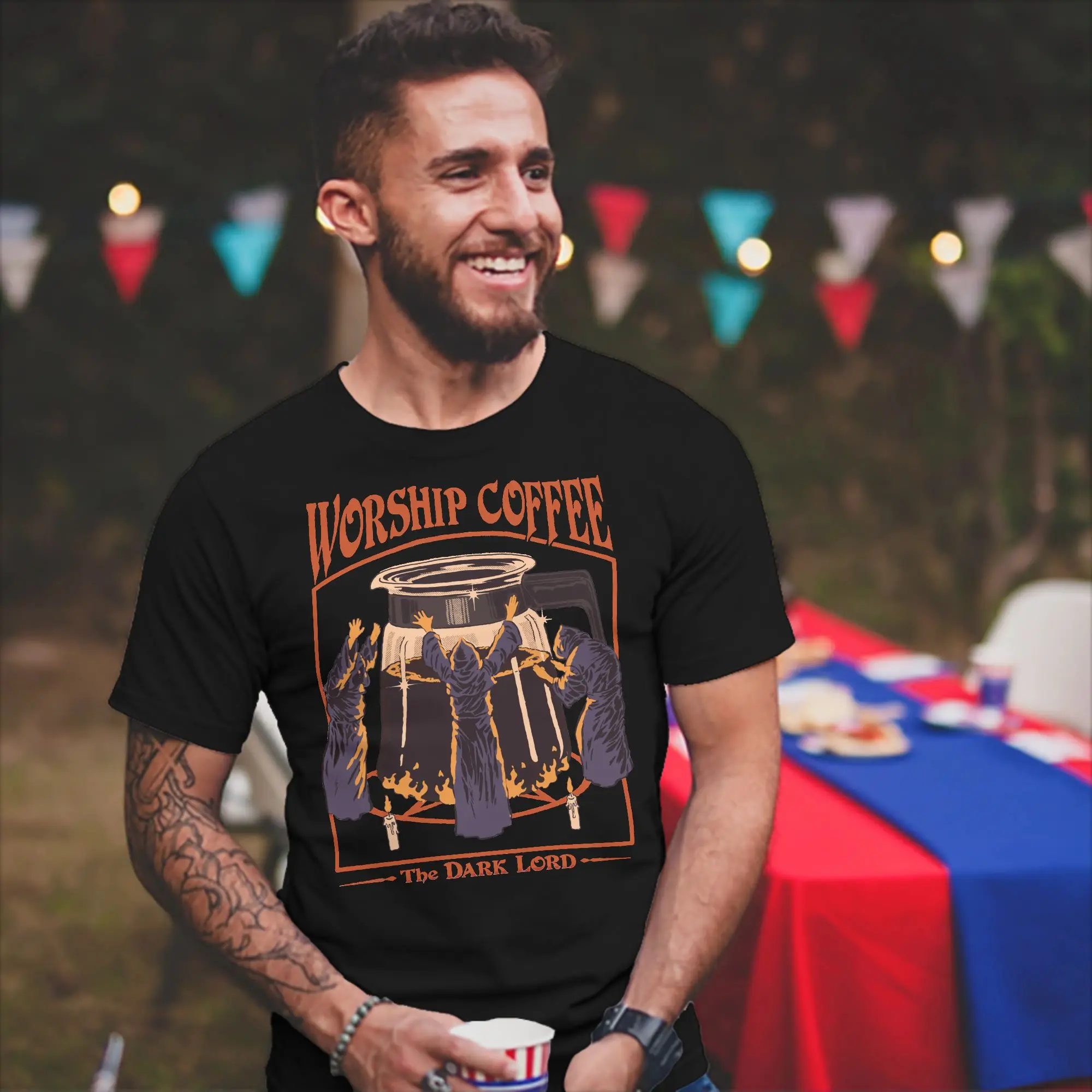 Men Women's Worship Coffee Devils Demons T Shirts 80s 70s Caffeine Addict Cotton Tops Cool O Neck Tee Shirt New Arrival T-Shirt