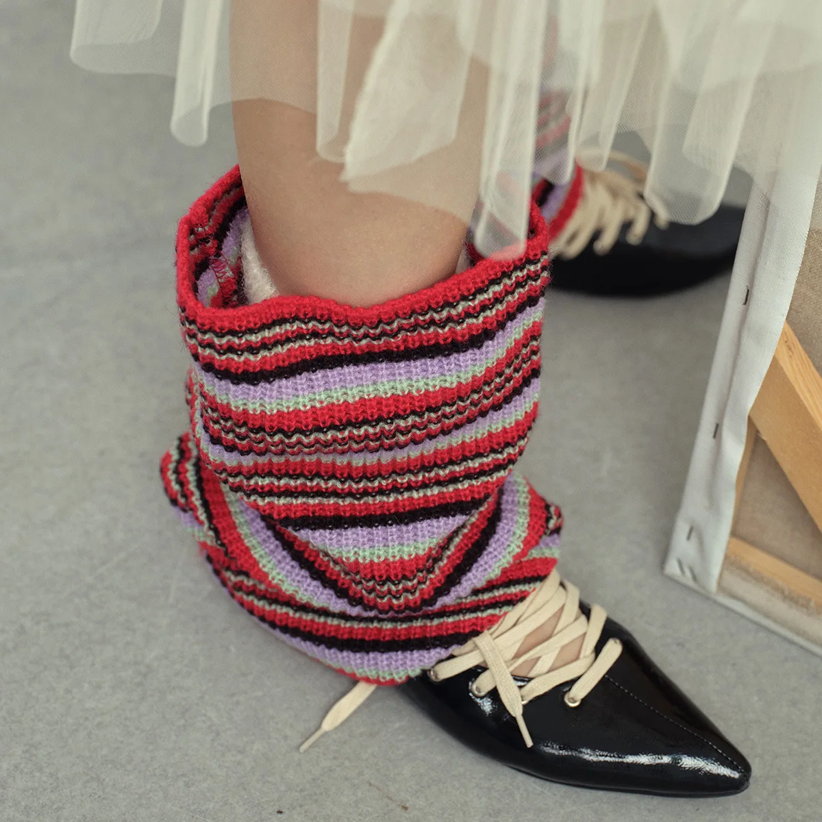 와이드 스트라이프 울 혼방 스택 니트 레그 워머 여성용 가을 겨울【디자이너 스타일 따뜻하고 다용도】