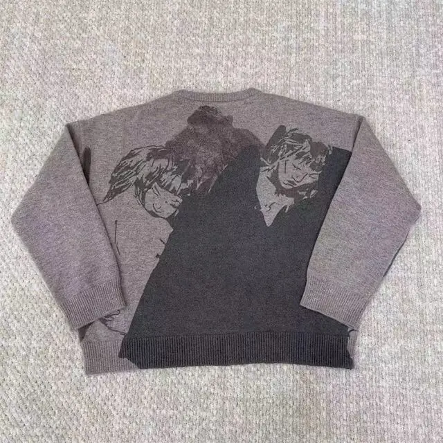 سترة مطبوعة بنمط رمادي أمريكي للرجال والنساء للخريف والشتاء على الطراز القوطي الشرير Y2K بلوفر أنيق غير رسمي