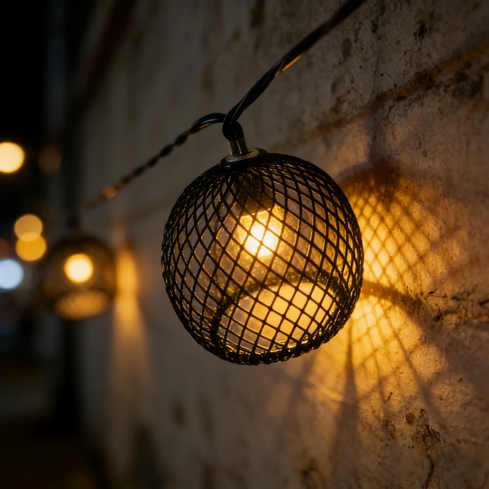 1PC 5M/8M Solar Retro Black Metal Mesh Lantern String Lights, Suitable For Courtyard, Garden, Party, Festival Decoration