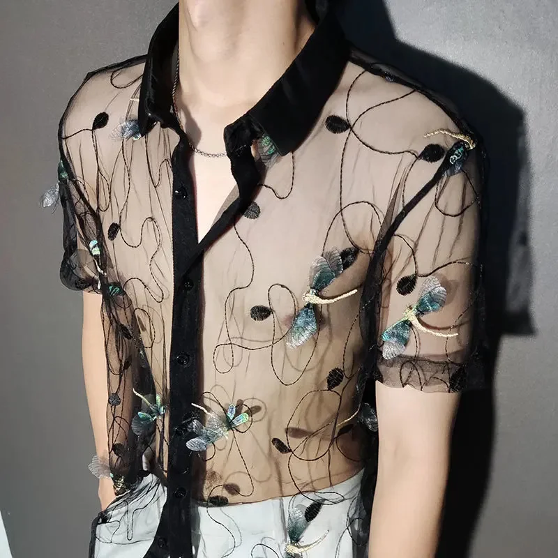 Three-dimensional Dragonfly Embroidery Shirt Trendy Transparent Sexy Men Short Sleeve Clothing See Through Social Club