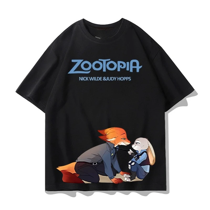 ديزني Zootopia تي شيرتات قصيرة الاكمام الصيف الكرتون جودي نيك زوجين الملابس الرياضية عادية كم قصير الرجال والنساء