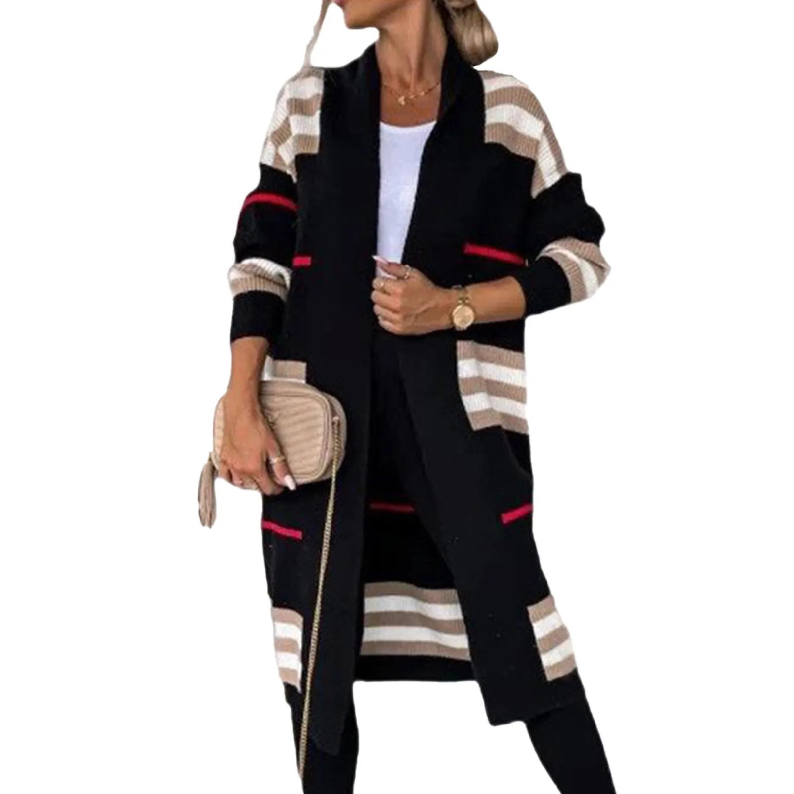 Striped Print Long Cardigan Coats New Autumn Winter Casual Long-sleeved Sweater Jacket Women Oversized Cardigan Sweater Coat