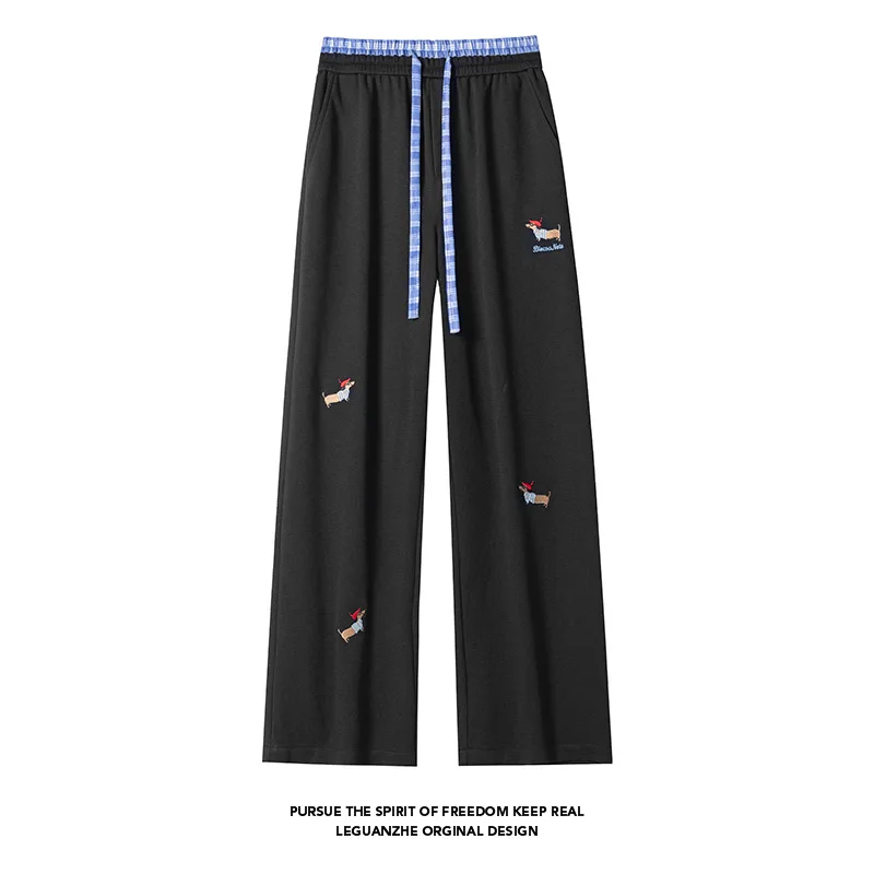 【Mirrordust】2025 Autumn Double Waistband Puppy Embroidery Long Pants American Street Style Casual Sweatpants M-5XL