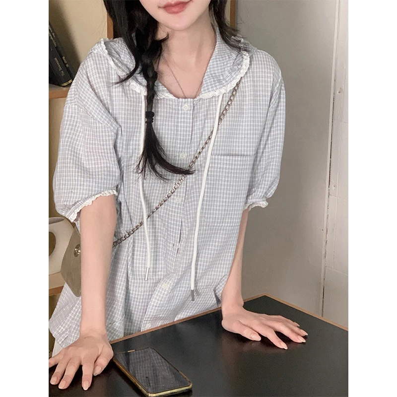 MEXZT Vintage chemises à carreaux femmes japonais Harajuku à capuche dentelle Patchwork Blouses été coréen à manches courtes hauts amples décontractés