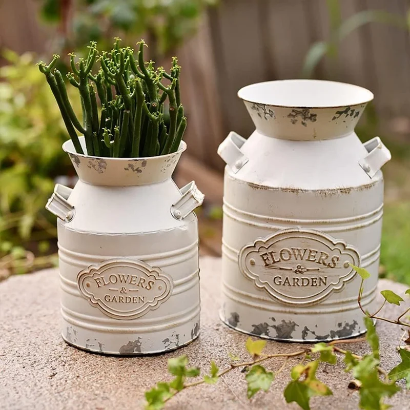 Vintage White Distressed Milk Can – Garden Decorative Planter for Dried Flowers, Metal Bucket Vase and Outdoor Ornament