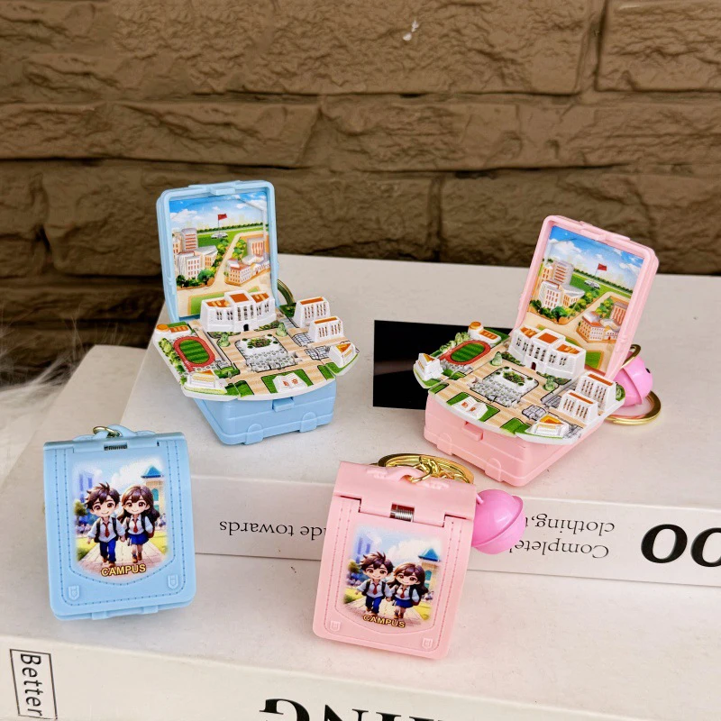 1pcs Exquisite 3D Popup Keychain School-Theme Miniature Keyring Folding Popup Book Portable Small School Toys Key Chain Pendant
