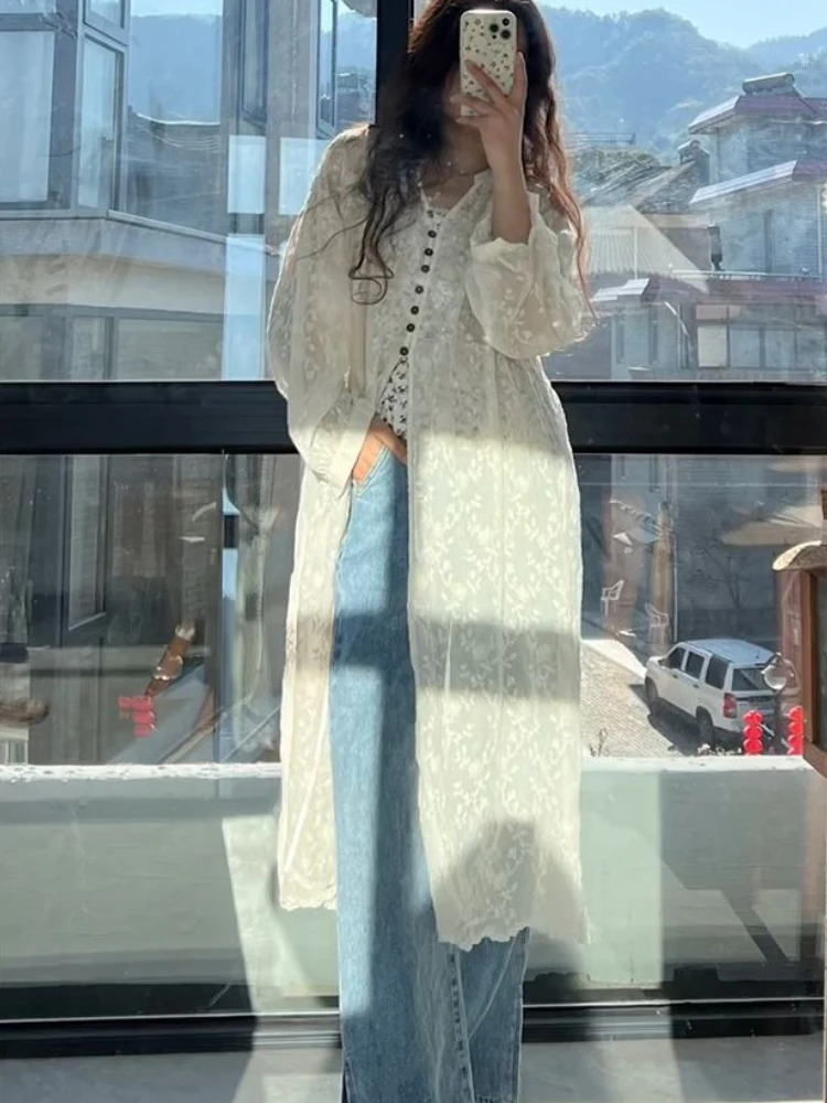 

2025 Fashion Trend All-match White Cardigan Summer Mid-length Loose Sweaters Casual All-match Sun Protection Coat Women Shirt