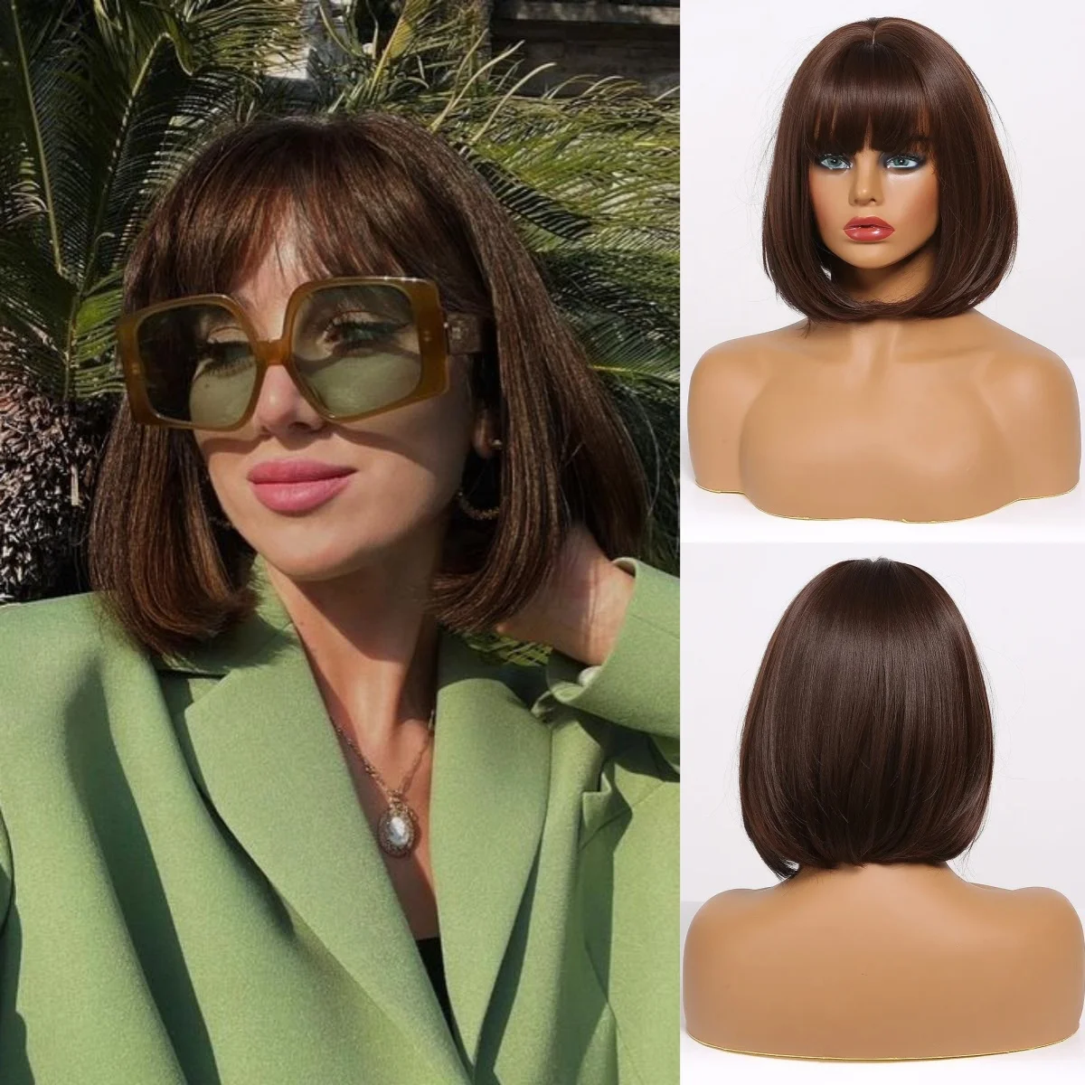 

Brown Black Short Straight Synthetic Wigs with Bangs Women Bob Dark Hair Wigs for Daily Cosplay Natural Heat Resistant Fiber