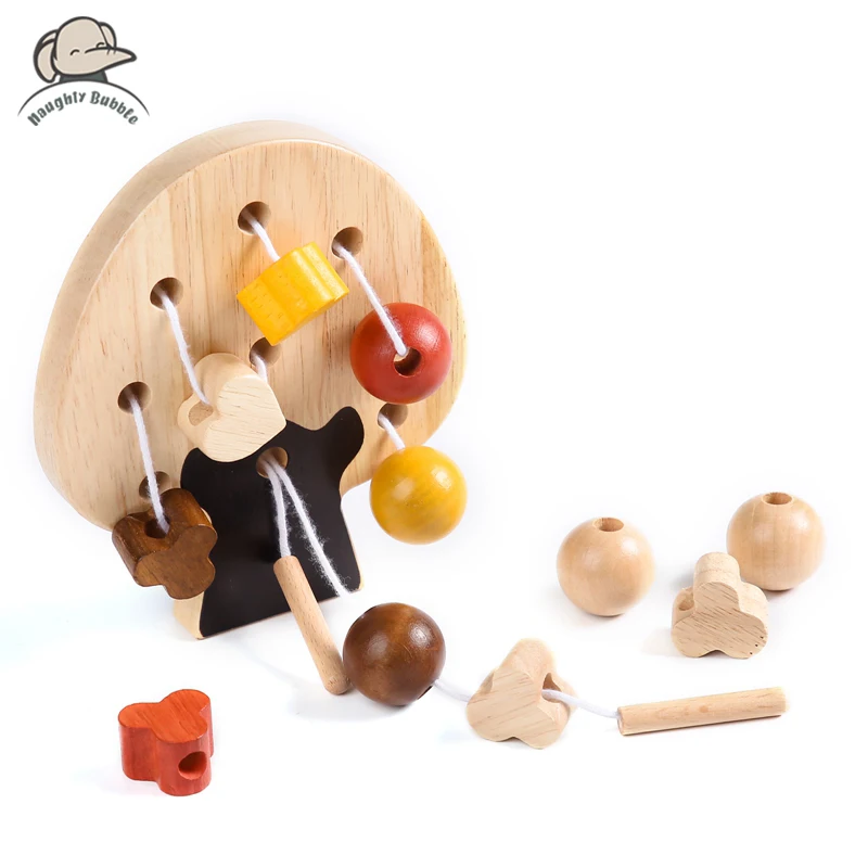 1Set Threading Toys Building Blocks Wooden Geometric Forest Beads Toys for Toddler Montessori Education Puzzle Toys for Kids