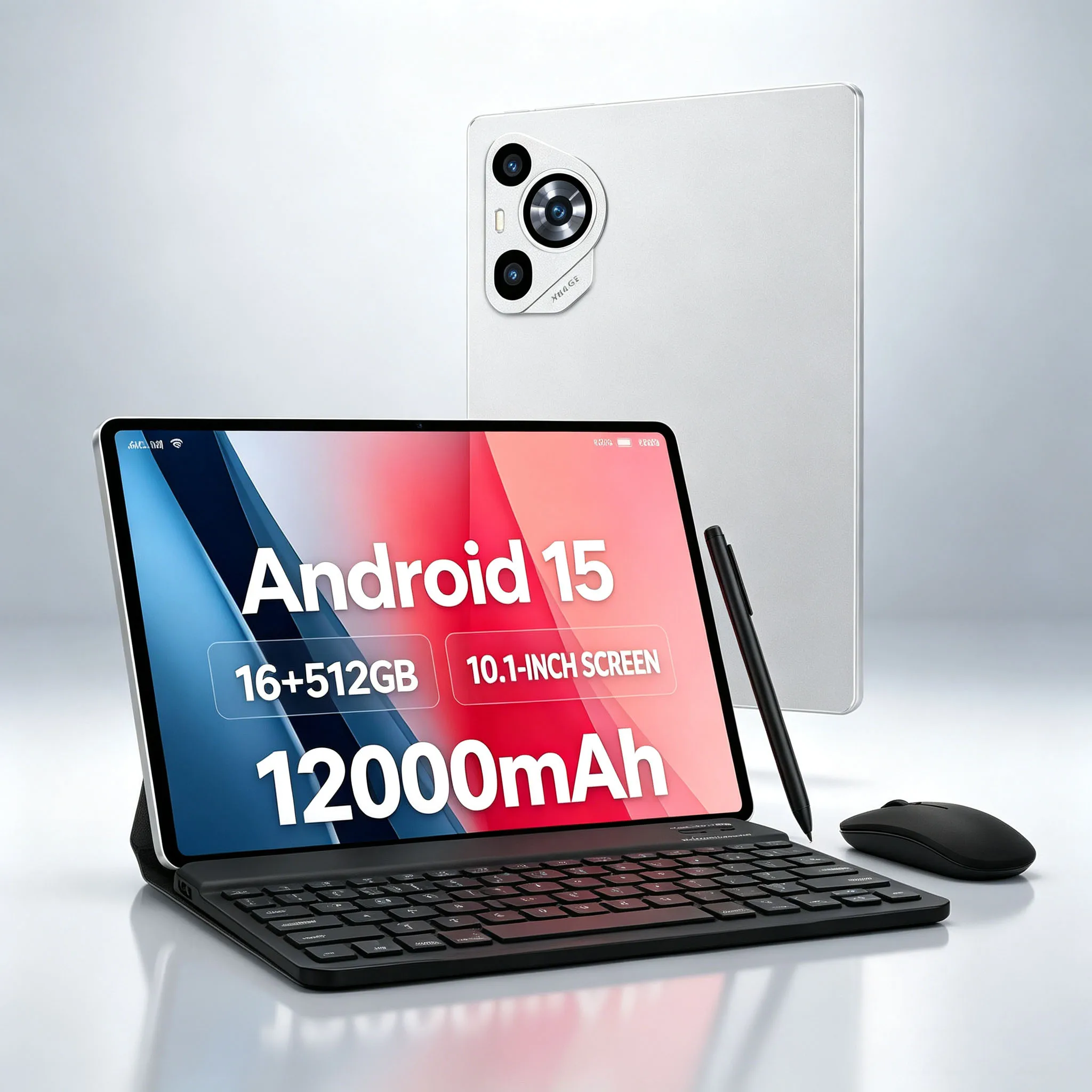 Android 15 Tablet 10.1", 16GB RAM+512GB Storage, 12000mAh Battery, Great for Gift Work Gaming, Optional Keyboard Mouse Case & St