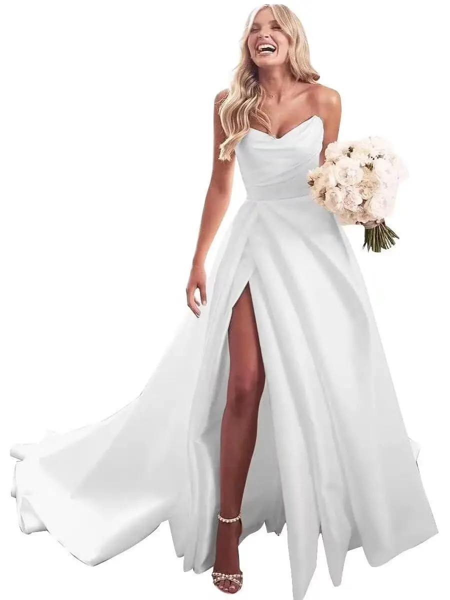 

Customed A Line Wedding Dresses Women Popular Pleat Sweetheart Side Slit Vestido De Noiva Appliqued Bridal Dresses Engagement