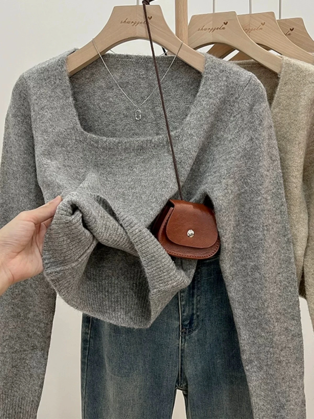 Soft ort Svel Sweater Women's Autumn Winter New Sle Long Sve Square Collar Inner Wear Knitted Top Base irt