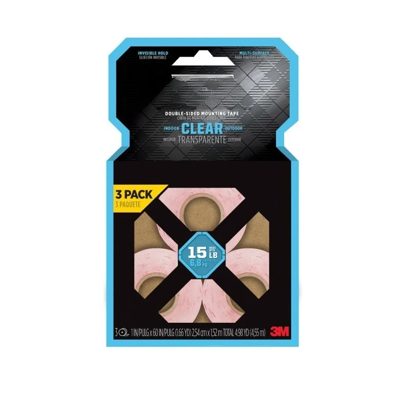 

-Mount Double-Sided Mounting Tape, Clear, 1 in x 60 in, Holds 15 lbs, 3 Rolls