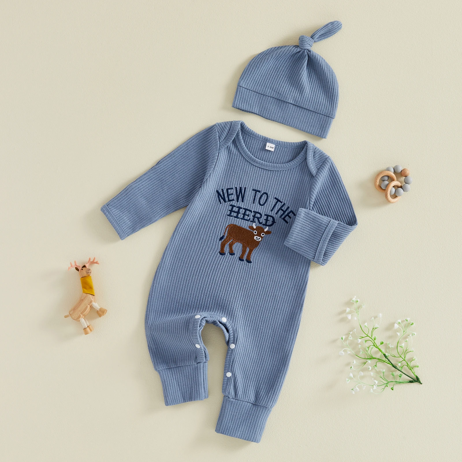 Baby Boy Fall Romper Letter Animal Embroidery Long Sleeve Crew Neck Waffled Jumpsuit with Hat 2 Piece Set