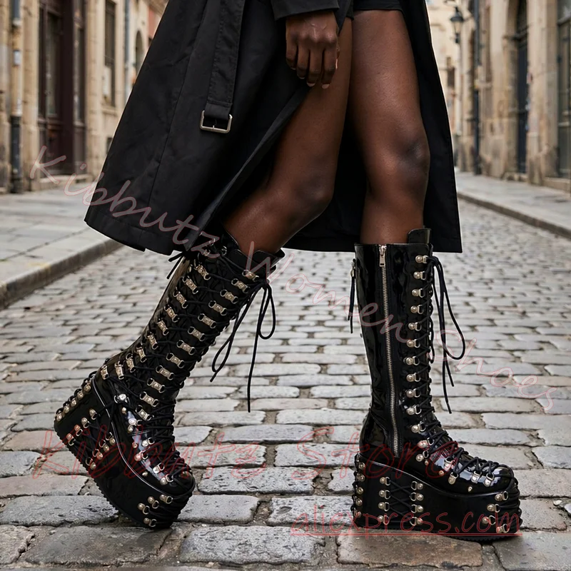 Knee High Platform Boots Cross Lace Up Patent Leather Metal Eyelets Studs Buckles Round Toe Chunky Sole Goth Punk Footwear Sexy