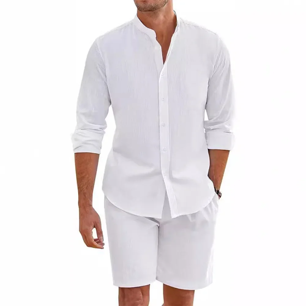 2 pcs Sets Men\'s Summer Cotton Linen Shirt and Shorts Cardigan Simple Casual Beach Shirts Comfortable Hawaii Wear