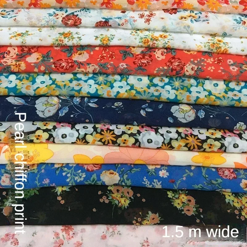 Micro-transparent Floral Pearl Chiffon Fabric By The Meter for Clothes Dress Shirt Diy Sewing Flower Printed Cloth Soft Black