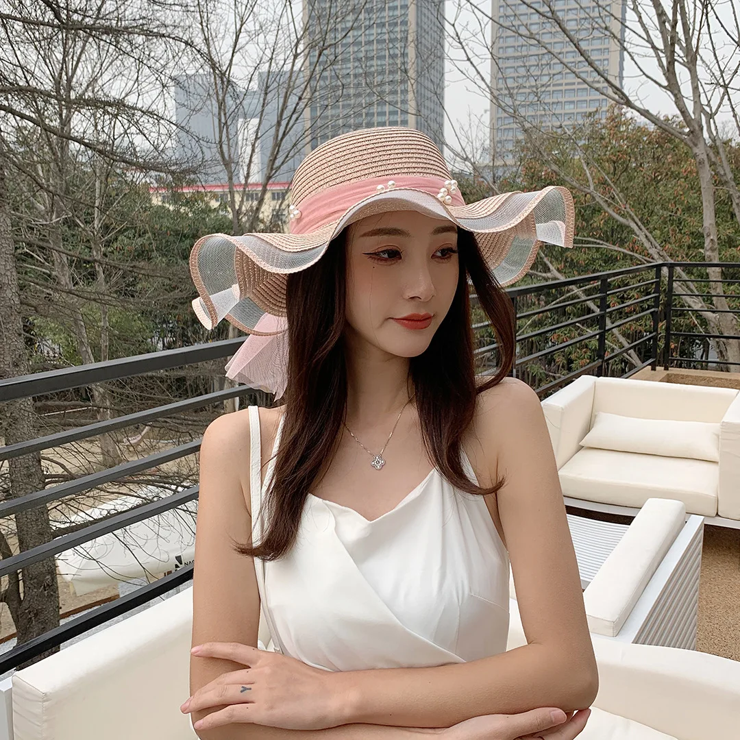 Chapeau de plage en paille avec nœud pour femme, chapeau de soleil à grand bord, casquette d\'extérieur à la mode, H115