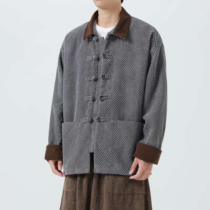 Chinese Style Vintage Corduroy Jacket Mens Clothing Plus Size Casual Coat Autumn Winter Harajuku Loose Black Jacket Top Male