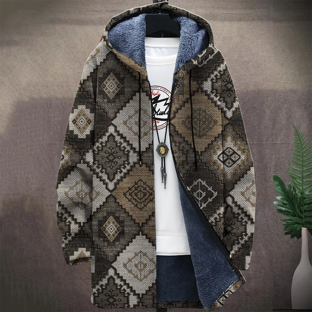 Men'S Native Retro Aztec Block Graphic Winter Coat Print Pattern Knitted Sweater Cardigan Zipper Hooded Thick Fleece For Youth